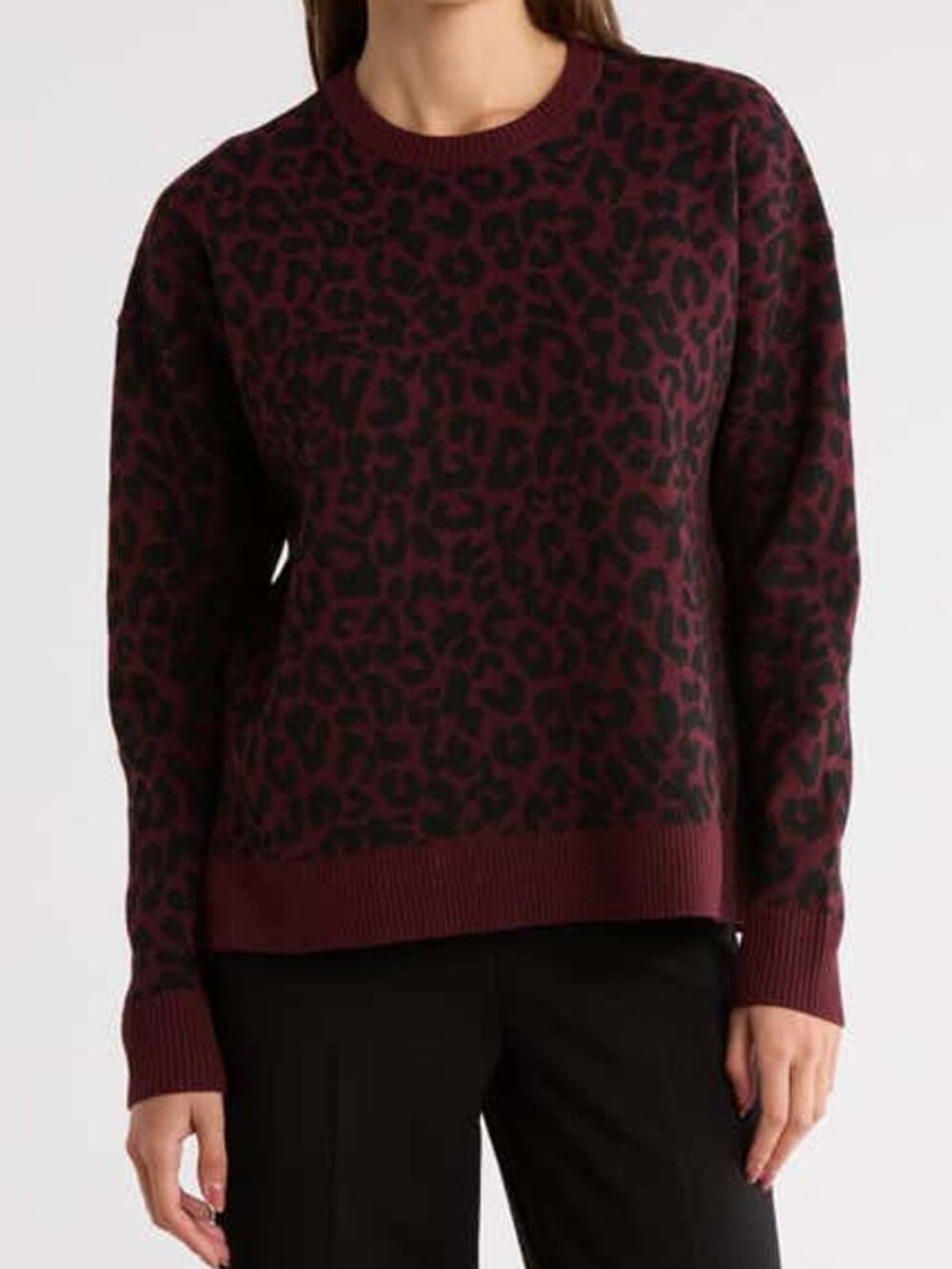 Nordstrom Rack Burgundy Black Leopard Print Jacquard Crewneck Sweater S
